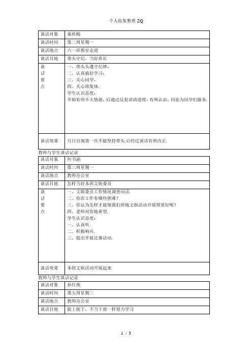 教师与学生谈话记录表