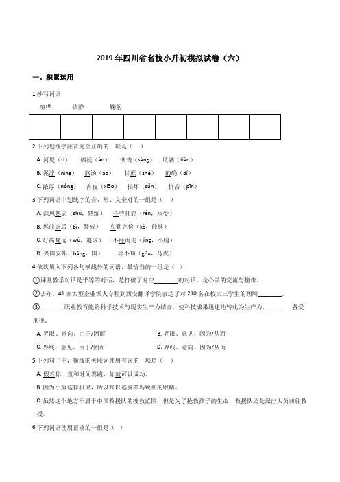 六年级下册语文试题--2019年四川省名校小升初模拟试卷(六) 人教课标版 含答案