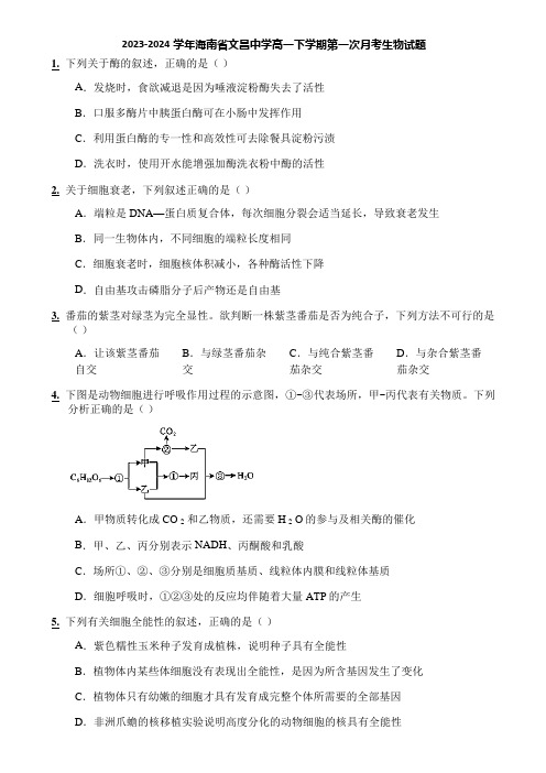 2023-2024学年海南省文昌中学高一下学期第一次月考生物试题