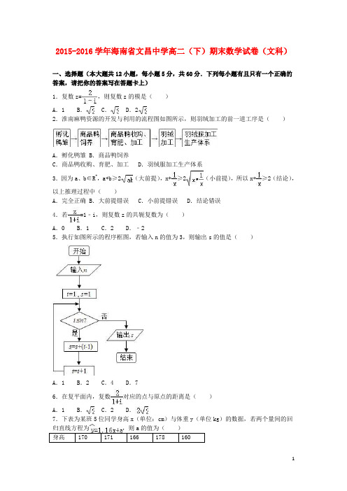 海南省文昌中学高二数学下学期期末试卷 文(含解析)