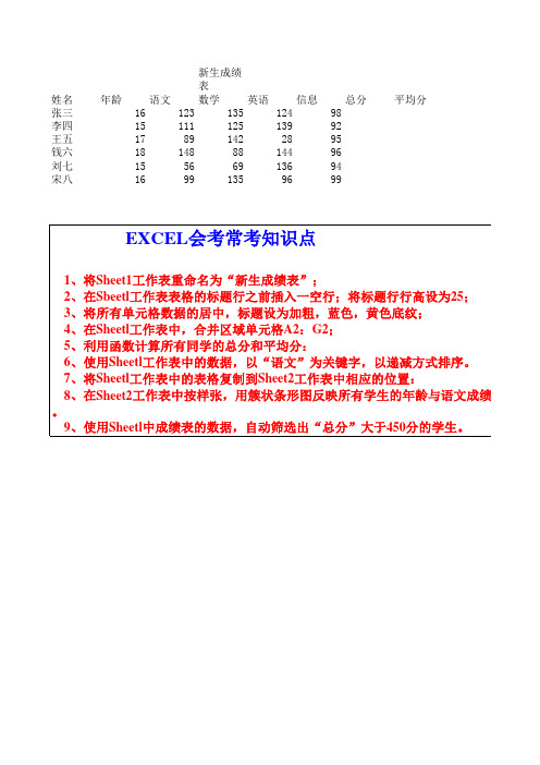 高中计算机会考EXCEL会考练习试题