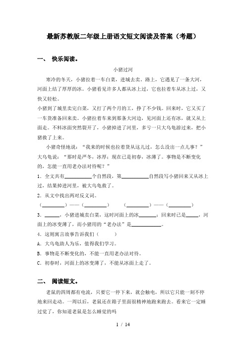 最新苏教版二年级上册语文短文阅读及答案(考题)
