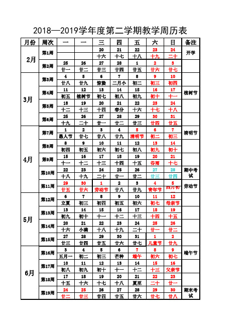 2018-2019学年度第二学期教学周历表