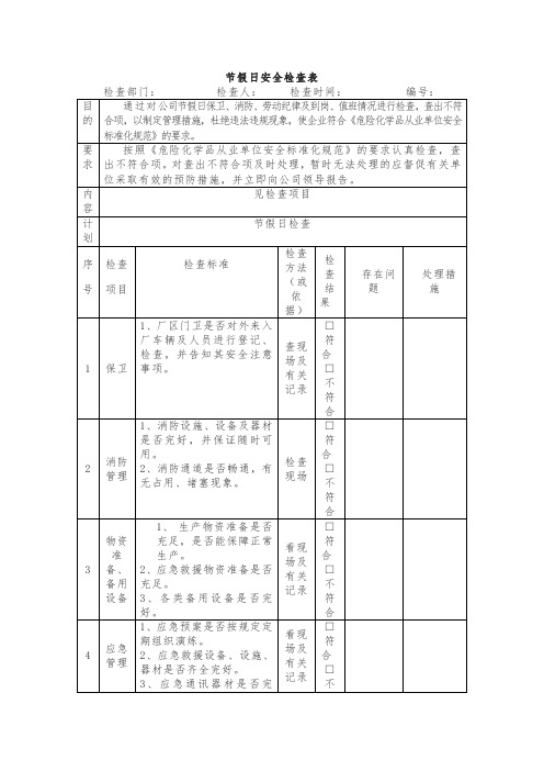 节假日安全检查表模板