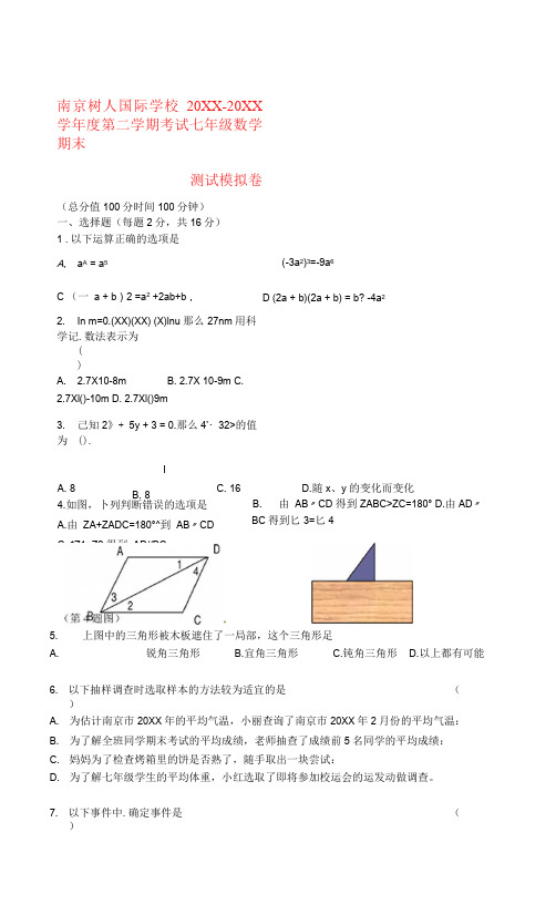 南京树人国际学校七年级数学第二学期期末测试模拟卷 苏科版