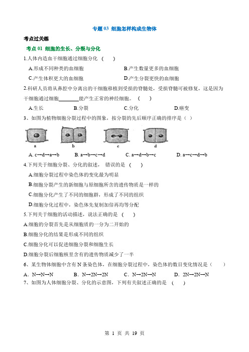 2024中考生物一轮复习讲练测专题03 细胞怎样构成生物体(练习)