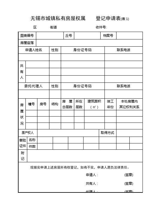 无锡市城镇私有房屋权属登记申请表