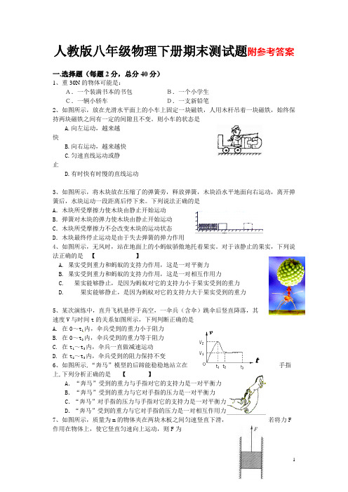 人教版八年级物理下册期末试题及答案