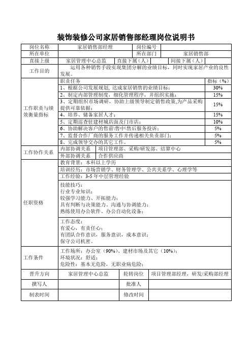 装饰装修公司家居销售部经理岗位说明书