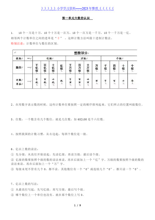 人教版四年级(上册)数学知识点汇总