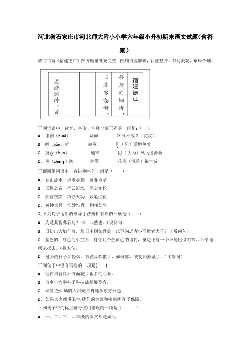 河北省石家庄市河北师大附小小学六年级小升初期末语文试题(含答案)