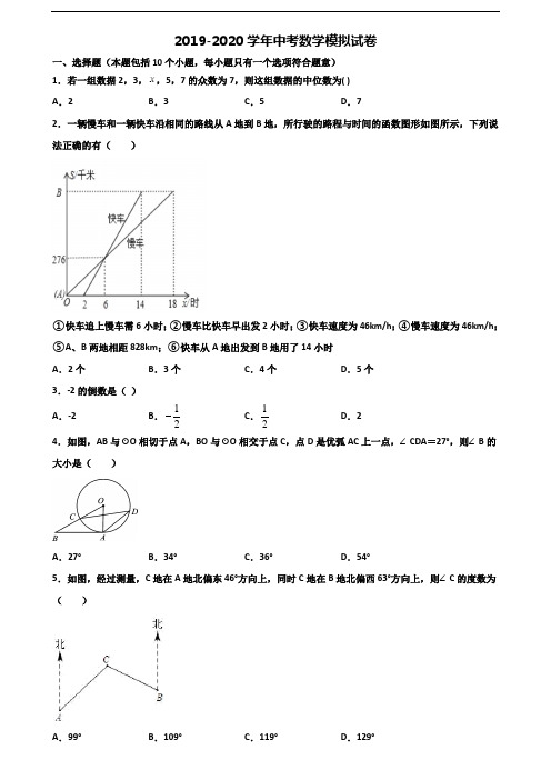 2020黑龙江省七台河市中考数学学业质量监测试题