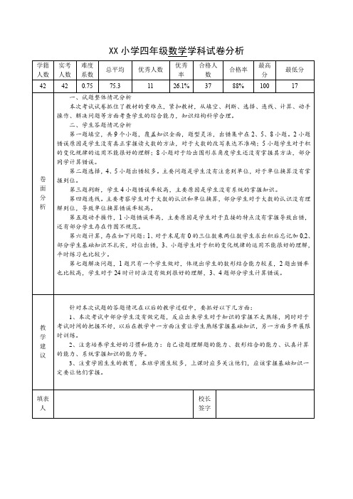 小学四年级数学学科试卷分析