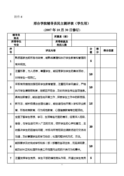 邢台学院辅导员民主测评表(学生用)