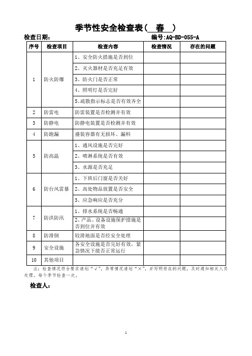 季节性安全检查表参考模板范本