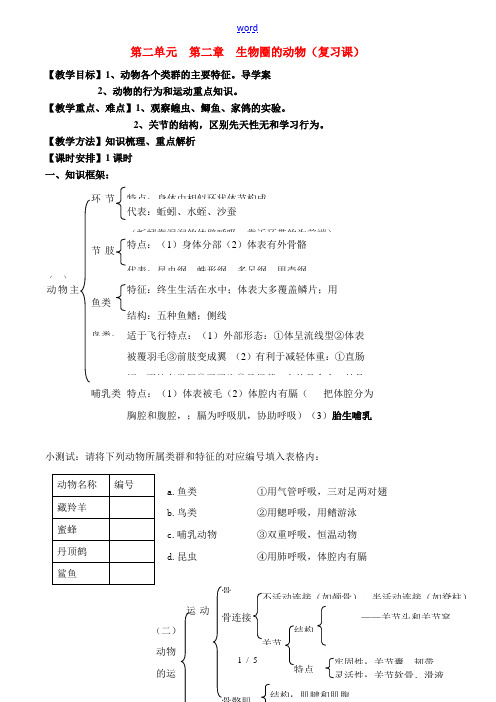 七年级生物上册 第二单元 第二章 生物圈中的动物学案 济南版