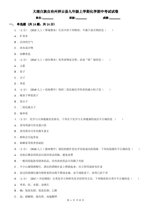 大理白族自治州祥云县九年级上学期化学期中考试试卷