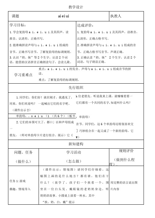 部编版一年级上册教学设计(教案)《汉语拼音.aieiui》