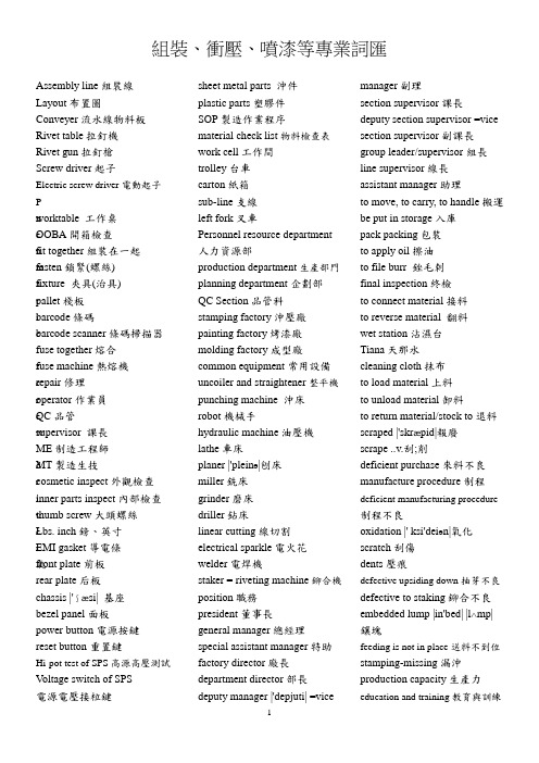 组装、冲压、喷漆等专有名词(英文)