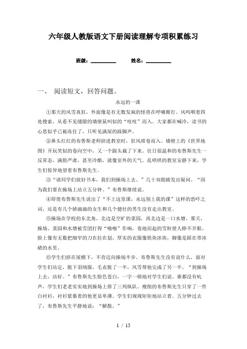 六年级人教版语文下册阅读理解专项积累练习