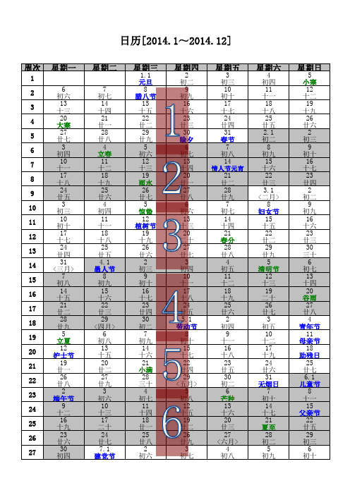 2014年日历(含2014年农历_2014年周历_2014年节气)