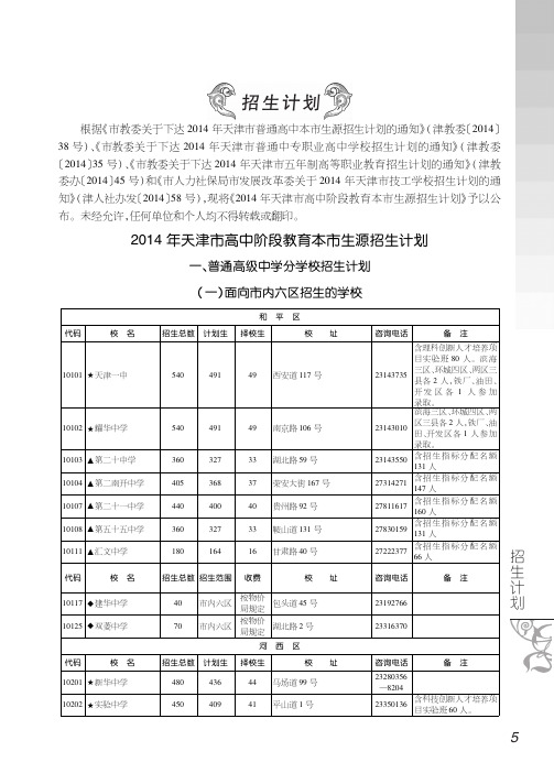 年天津市高中阶段教育本市生源招生计划 一、普通高级中学分