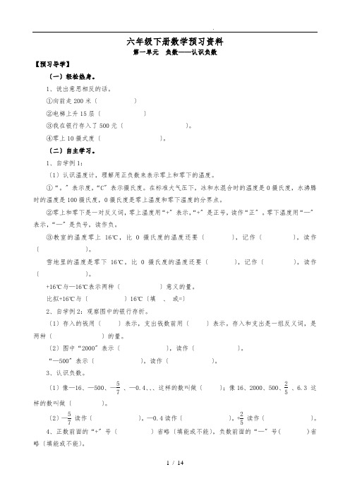 六年级数学(下册)预习资料全