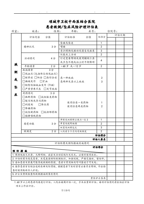 患者坠床跌倒风险评估表