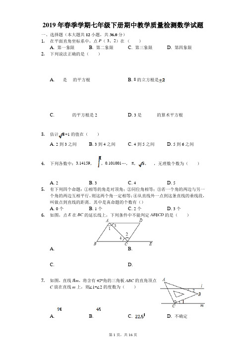 2019年春季学期七年级下册期中教学质量检测数学试题(有答案与解析)