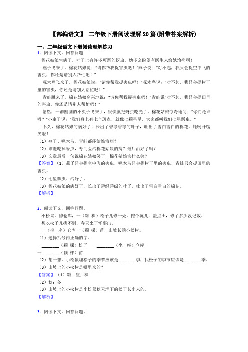 二年级【部编语文】 二年级下册阅读理解20篇(附带答案解析)