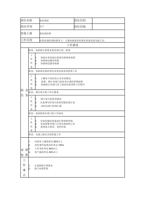 客房领班岗位职务说明书