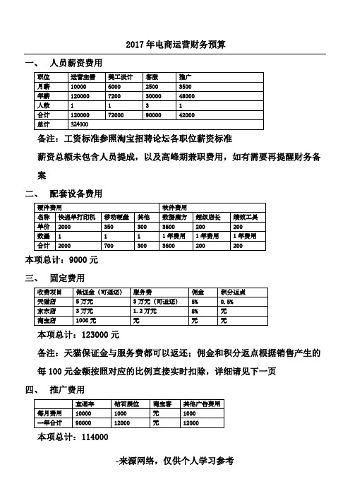 2017年电商公司运营财务预算