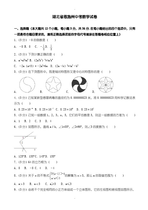 2020届湖北省恩施州中考数学模拟试题(有答案)(word版)