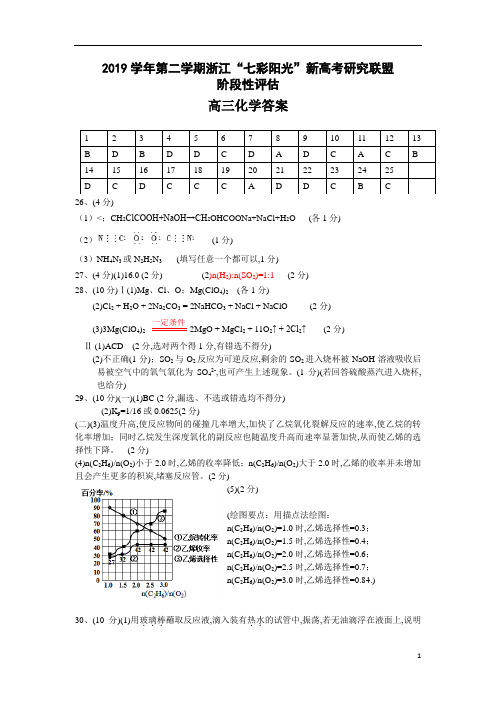 2019学年第二学期浙江“七彩阳光”新高考研究联盟阶段性评估七彩高三化学参考答案