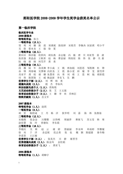 郧阳医学院2008-2009学年学生奖学金获奖名单公示