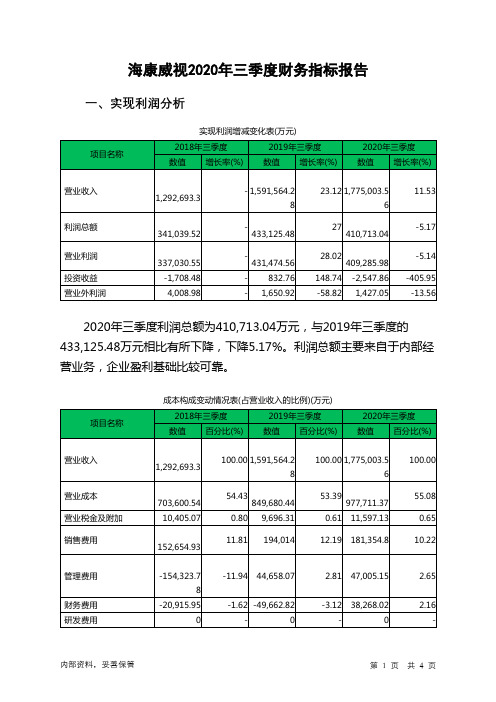 海康威视2020年三季度财务指标报告