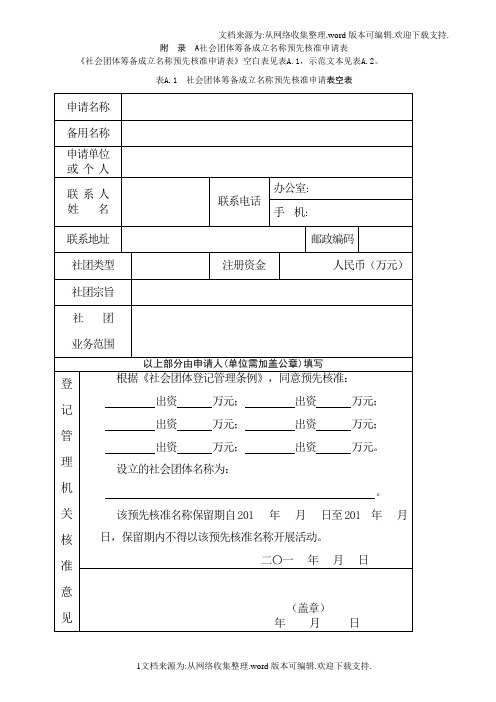 社会团体筹备成立名称预先核准申请表