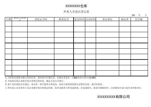 仓库外来人员进出登记表(门卫)