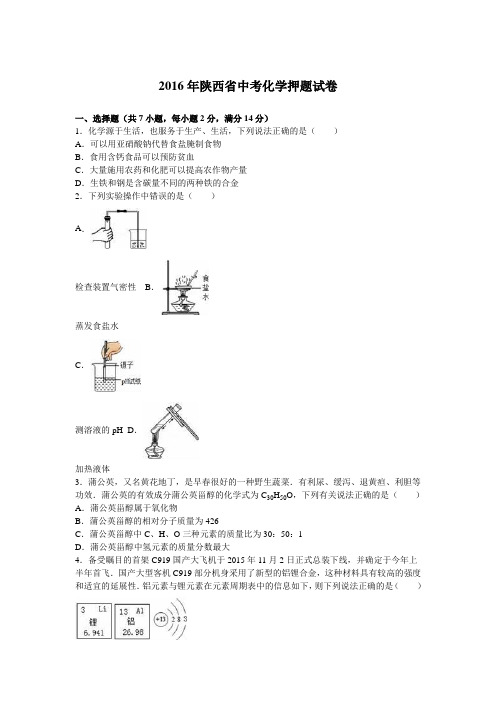 2016年陕西省中考化学押题试卷(解析版)