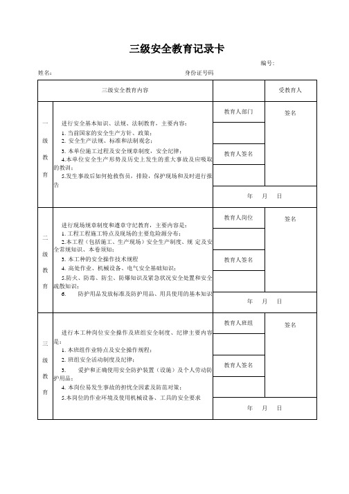 三级安全教育卡样式模板