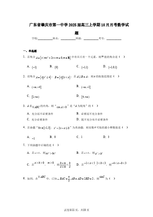 广东省肇庆市第一中学2025届高三上学期10月月考数学试题