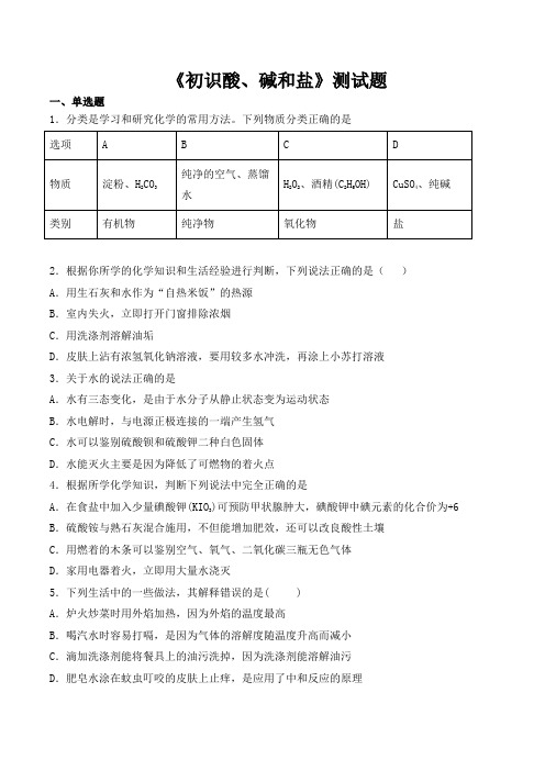 仁爱版化学九年级下册专题7《初识酸、碱和盐》测试题(含答案) (1)