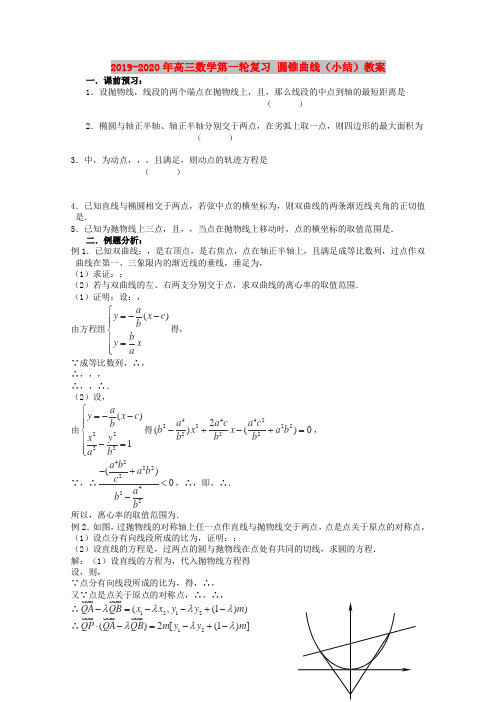 2019-2020年高三数学第一轮复习 圆锥曲线(小结)教案