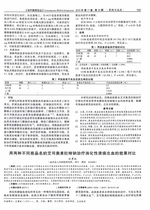 用两种不同商品名的艾司奥美拉唑钠治疗消化性溃疡出血的效果对比