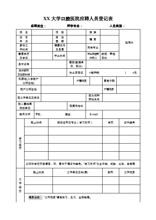 口腔医院应聘人员登记表