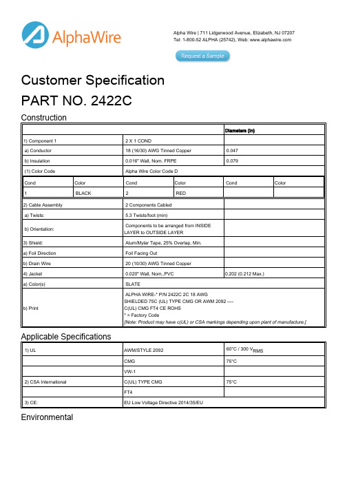 阿尔法电缆 Alpha Wire 型号2422C的产品说明书