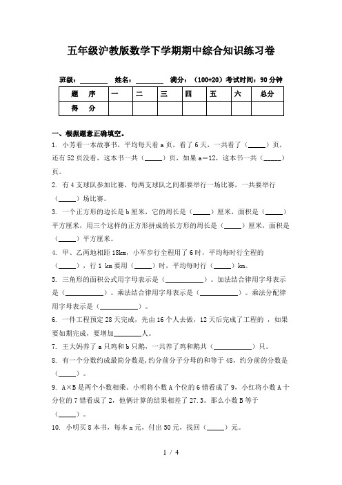 五年级沪教版数学下学期期中综合知识练习卷