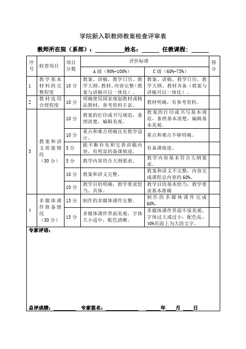 学院新入职教师教案检查评审表