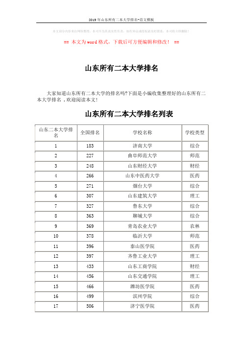 2019年山东所有二本大学排名-范文模板 (3页)