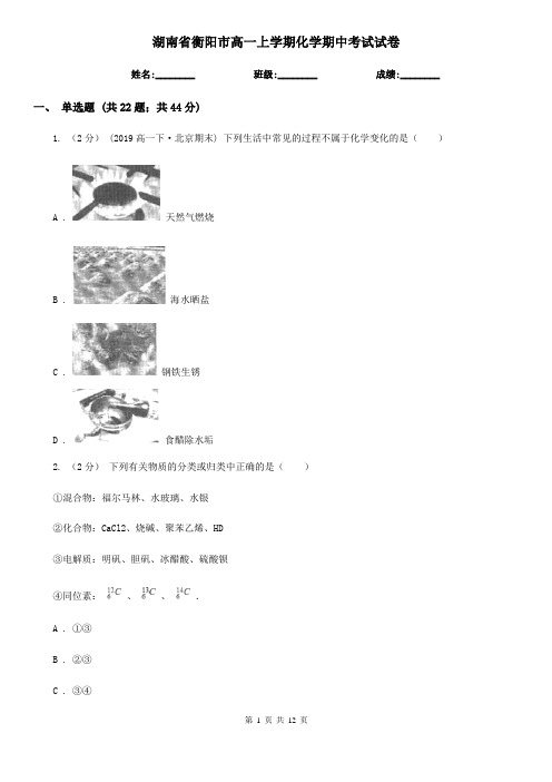 湖南省衡阳市高一上学期化学期中考试试卷